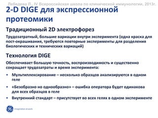 Лебедева Л., IV Всероссийская школа по клинической иммунологии, 2013г.
2‐D DIGE для экспрессионной
протеомики
Традиционный 2D электрофорез
Трудозатратный, большие вариации внутри эксперимента (одна краска для
пост‐окрашивания, требуются повторные эксперименты для разделения
биологических и технических вариаций)

Технология DIGE 
Обеспечивает большую точность, воспроизводимость и существенно
сокращает трудозатраты и время эксперимента:
• Мультиплексирование – несколько образцов анализируются в одном
  геле
• «Безобразно но однообразно» – ошибка оператора будет одинакова
  для всех образцов в геле
• Внутренний стандарт – присутствует во всех гелях в одном эксперименте
 