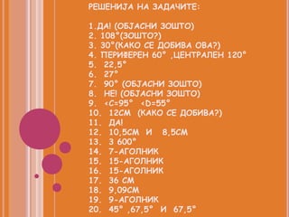 РЕШЕНИЈА НА ЗАДАЧИТЕ:

1.ДА! (ОБЈАСНИ ЗОШТО)
2. 108°(ЗОШТО?)
3. 30°(КАКО СЕ ДОБИВА ОВА?)
4. ПЕРИФЕРЕН 60° ,ЦЕНТРАЛЕН 120°
5. 22,5°
6. 27°
7. 90° (ОБЈАСНИ ЗОШТО)
8. НЕ! (ОБЈАСНИ ЗОШТО)
9. <C=95° <D=55°
10. 12CM (КАКО СЕ ДОБИВА?)
11. ДА!
12. 10,5СМ И 8,5СМ
13. 3 600°
14. 7-АГОЛНИК
15. 15-АГОЛНИК
16. 15-АГОЛНИК
17. 36 СМ
18. 9,09СМ
19. 9-АГОЛНИК
20. 45° ,67,5° И 67,5°
 