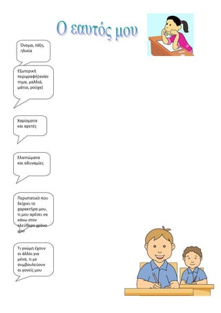 Όνομα, τάξη,
 ηλικία



Εξωτερική
περιγραφή(ανάσ
τημα, μαλλιά,
μάτια, ρούχα)




Χαρίσματα
και αρετές




Ελαττώματα
και αδυναμίες




Περιστατικό που
δείχνει το
χαρακτήρα μου,
τι μου αρέσει να
κάνω στον
ελεύθερο χρόνο
μου


Τι γνώμη έχουν
οι άλλοι για
μένα, τι με
συμβουλεύουν
οι γονείς μου
 