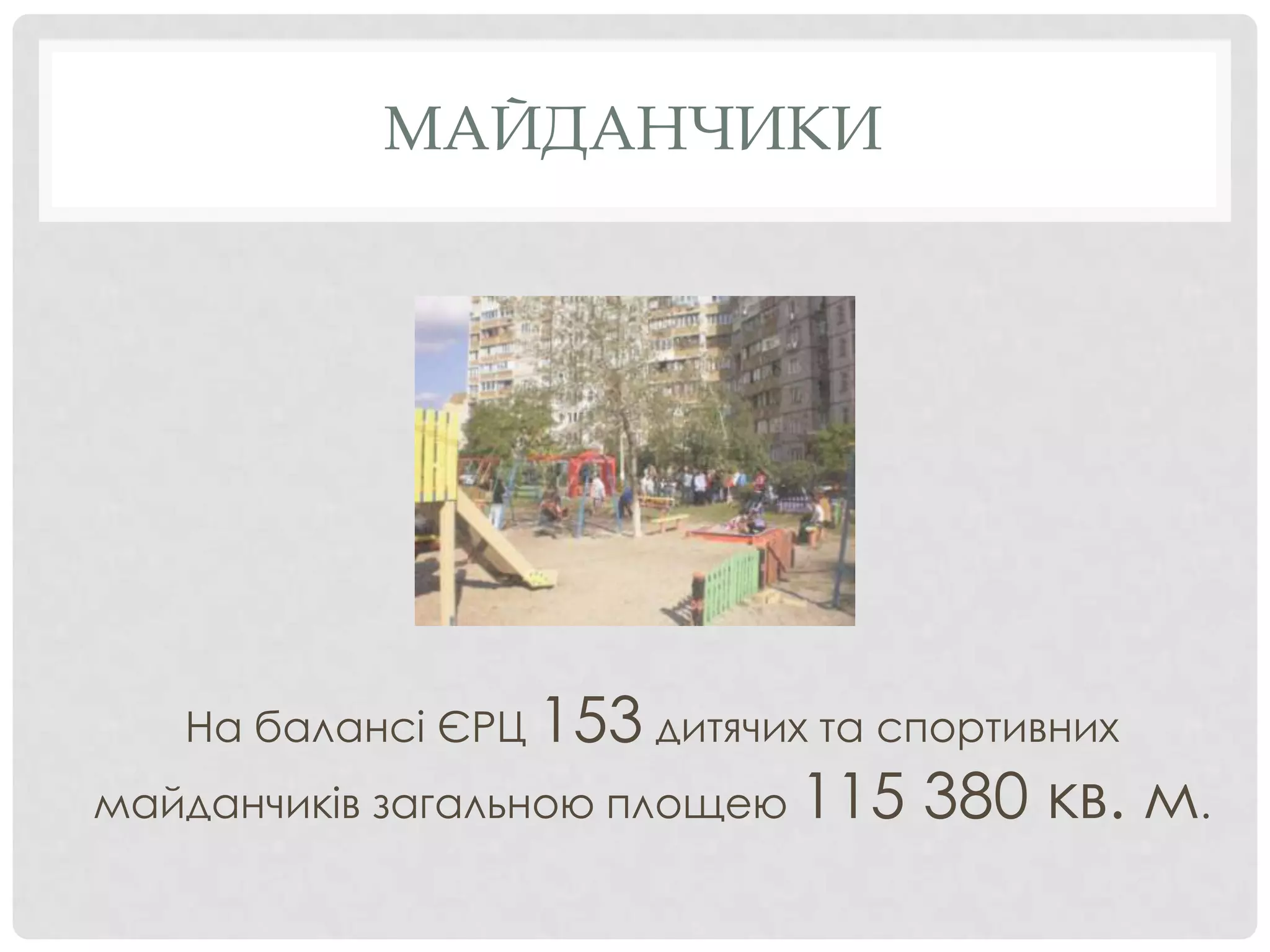 МАЙДАНЧИКИ




   На балансі ЄРЦ 153 дитячих та спортивних
майданчиків загальною площею 115   380 кв. м.
 