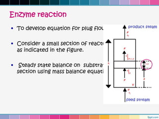 Enzyme reaction
• To develop equation for plug flow enzyme reactor

• Consider a small section of reactor of length ∆z
  as indicated in the figure.

•    Steady state balance on substrate around the
    section using mass balance equation
 