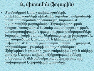 B9 վիտամին (ֆոլացին)
• Մասնակցում է որոշ ամինաթթուների,
  նուկլեինաթթուների սինթեզին, խթանում ոսկրածուծի
  արյունաստեղծման գործառույթը, նպաստում
  B12 վիտամինի յուրացմանը: Անբավարարության
  դեպքում առաջանում են ծանր սակավարյունություն,
  ստամոքսաղիքային և զգացողության խանգարումներ:
  Ֆոլացինի խմբի կարևոր ներկայացուցիչը ֆոլաթթուն է,
  որը տարածված է բուսական և կենդանական
  աշխարհում: Առավել շատ պարունակվում է լյարդում,
  երիկամներում, բույսերի կանաչ տերևներում:
  Սինթեզվում է բույսերի, շատ բակտերիաների և սնկերի
  կողմից: Մարդու աղիների միկրոօրգանիզմները
  սինթեզում են մեծ քանակությամբ ֆոլաթթու, որը
  բավարարում է օրգանիզմի պահանջը:
 