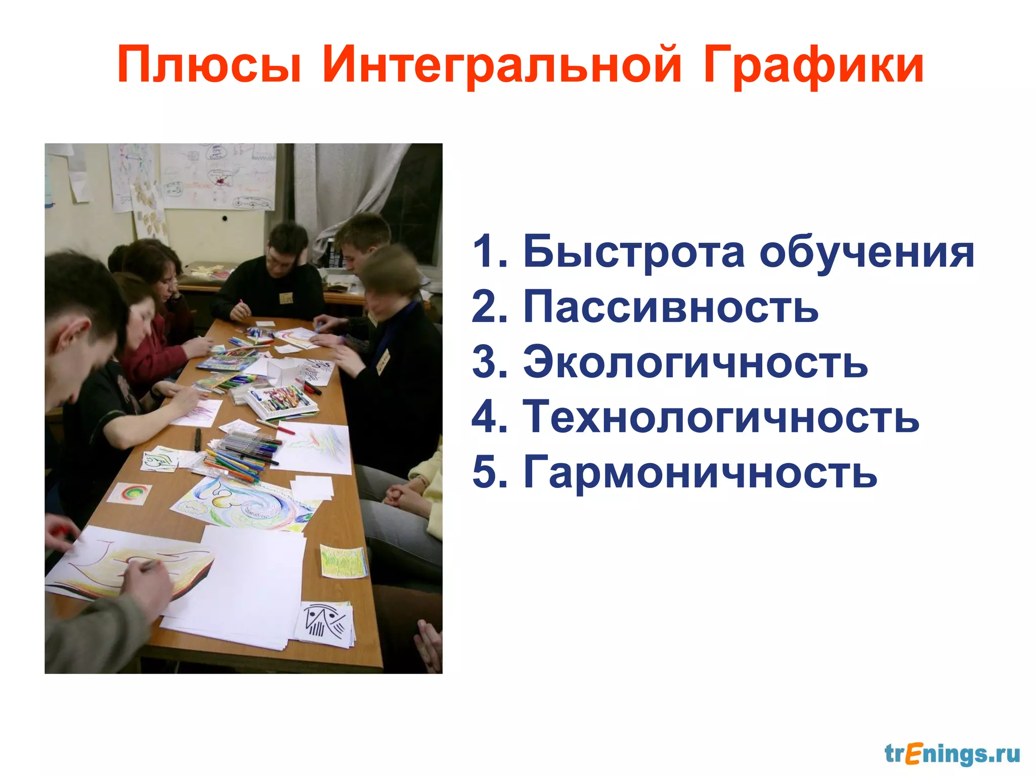 Плюсы Интегральной Графики


           1. Быстрота обучения
           2. Пассивность
           3. Экологичность
           4. Технологичность
           5. Гармоничность
 