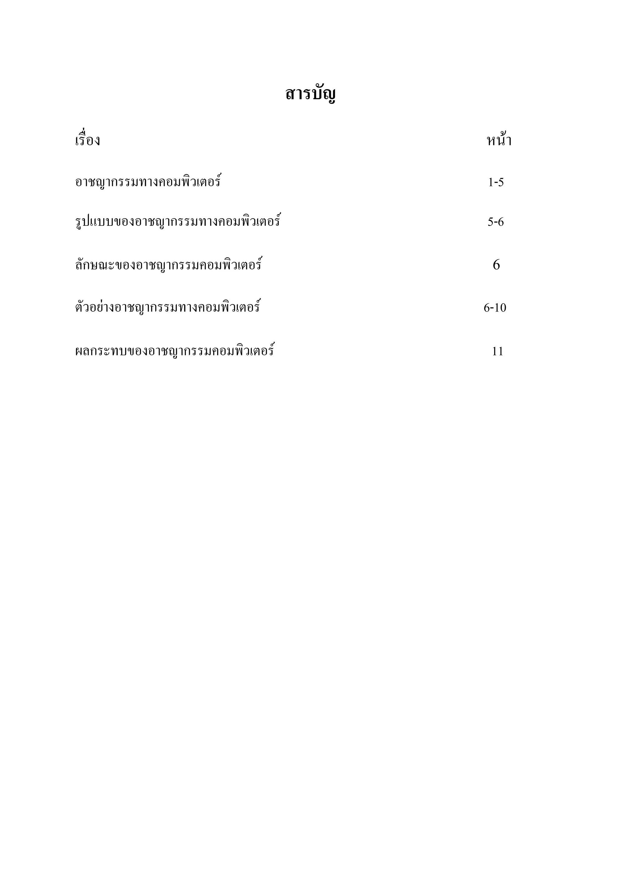 สารบัญ
เรื่อง                                      หน้า
อาชญากรรมทางคอมพิวเตอร์                     1-5

รูปแบบของอาชญากรรมทางคอมพิวเตอร์            5-6

ลักษณะของอาชญากรรมคอมพิวเตอร์                6
ตัวอย่างอาชญากรรมทางคอมพิวเตอร์             6-10

ผลกระทบของอาชญากรรมคอมพิวเตอร์               11
 