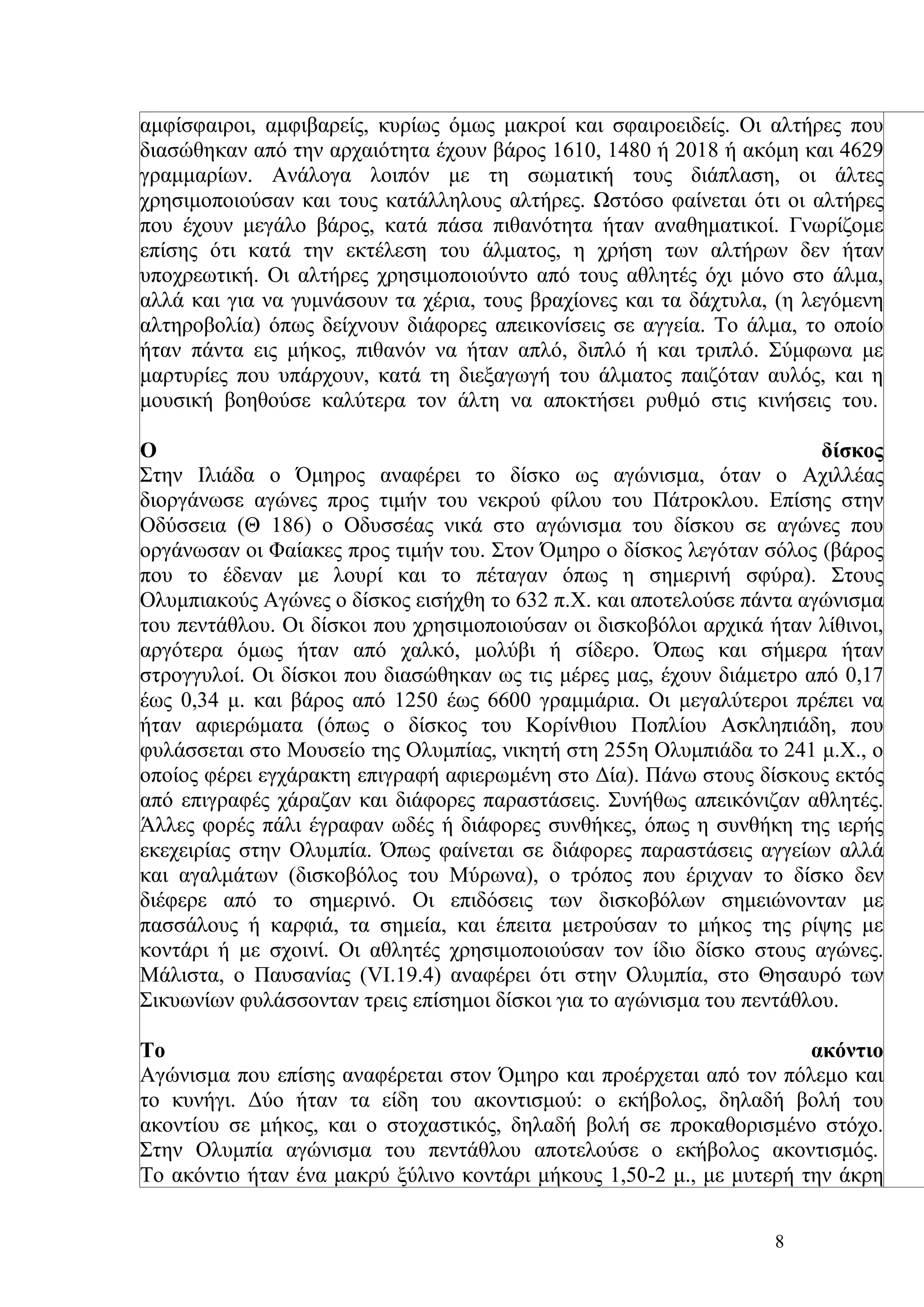 αμφίσφαιροι, αμφιβαρείς, κυρίως όμως μακροί και σφαιροειδείς. Οι αλτήρες που
διασώθηκαν από την αρχαιότητα έχουν βάρος 1610, 1480 ή 2018 ή ακόμη και 4629
γραμμαρίων. Ανάλογα λοιπόν με τη σωματική τους διάπλαση, οι άλτες
χρησιμοποιούσαν και τους κατάλληλους αλτήρες. Ωστόσο φαίνεται ότι οι αλτήρες
που έχουν μεγάλο βάρος, κατά πάσα πιθανότητα ήταν αναθηματικοί. Γνωρίζομε
επίσης ότι κατά την εκτέλεση του άλματος, η χρήση των αλτήρων δεν ήταν
υποχρεωτική. Οι αλτήρες χρησιμοποιούντο από τους αθλητές όχι μόνο στο άλμα,
αλλά και για να γυμνάσουν τα χέρια, τους βραχίονες και τα δάχτυλα, (η λεγόμενη
αλτηροβολία) όπως δείχνουν διάφορες απεικονίσεις σε αγγεία. Το άλμα, το οποίο
ήταν πάντα εις μήκος, πιθανόν να ήταν απλό, διπλό ή και τριπλό. Σύμφωνα με
μαρτυρίες που υπάρχουν, κατά τη διεξαγωγή του άλματος παιζόταν αυλός, και η
μουσική βοηθούσε καλύτερα τον άλτη να αποκτήσει ρυθμό στις κινήσεις του.

Ο                                                                       δίσκος
Στην Ιλιάδα ο Όμηρος αναφέρει το δίσκο ως αγώνισμα, όταν ο Αχιλλέας
διοργάνωσε αγώνες προς τιμήν του νεκρού φίλου του Πάτροκλου. Επίσης στην
Οδύσσεια (Θ 186) ο Οδυσσέας νικά στο αγώνισμα του δίσκου σε αγώνες που
οργάνωσαν οι Φαίακες προς τιμήν του. Στον Όμηρο ο δίσκος λεγόταν σόλος (βάρος
που το έδεναν με λουρί και το πέταγαν όπως η σημερινή σφύρα). Στους
Ολυμπιακούς Αγώνες ο δίσκος εισήχθη το 632 π.Χ. και αποτελούσε πάντα αγώνισμα
του πεντάθλου. Οι δίσκοι που χρησιμοποιούσαν οι δισκοβόλοι αρχικά ήταν λίθινοι,
αργότερα όμως ήταν από χαλκό, μολύβι ή σίδερο. Όπως και σήμερα ήταν
στρογγυλοί. Οι δίσκοι που διασώθηκαν ως τις μέρες μας, έχουν διάμετρο από 0,17
έως 0,34 μ. και βάρος από 1250 έως 6600 γραμμάρια. Οι μεγαλύτεροι πρέπει να
ήταν αφιερώματα (όπως ο δίσκος του Κορίνθιου Ποπλίου Ασκληπιάδη, που
φυλάσσεται στο Μουσείο της Ολυμπίας, νικητή στη 255η Ολυμπιάδα το 241 μ.Χ., ο
οποίος φέρει εγχάρακτη επιγραφή αφιερωμένη στο Δία). Πάνω στους δίσκους εκτός
από επιγραφές χάραζαν και διάφορες παραστάσεις. Συνήθως απεικόνιζαν αθλητές.
Άλλες φορές πάλι έγραφαν ωδές ή διάφορες συνθήκες, όπως η συνθήκη της ιερής
εκεχειρίας στην Ολυμπία. Όπως φαίνεται σε διάφορες παραστάσεις αγγείων αλλά
και αγαλμάτων (δισκοβόλος του Μύρωνα), ο τρόπος που έριχναν το δίσκο δεν
διέφερε από το σημερινό. Οι επιδόσεις των δισκοβόλων σημειώνονταν με
πασσάλους ή καρφιά, τα σημεία, και έπειτα μετρούσαν το μήκος της ρίψης με
κοντάρι ή με σχοινί. Οι αθλητές χρησιμοποιούσαν τον ίδιο δίσκο στους αγώνες.
Μάλιστα, ο Παυσανίας (VI.19.4) αναφέρει ότι στην Ολυμπία, στο Θησαυρό των
Σικυωνίων φυλάσσονταν τρεις επίσημοι δίσκοι για το αγώνισμα του πεντάθλου.

Το                                                                    ακόντιο
Αγώνισμα που επίσης αναφέρεται στον Όμηρο και προέρχεται από τον πόλεμο και
το κυνήγι. Δύο ήταν τα είδη του ακοντισμού: ο εκήβολος, δηλαδή βολή του
ακοντίου σε μήκος, και ο στοχαστικός, δηλαδή βολή σε προκαθορισμένο στόχο.
Στην Ολυμπία αγώνισμα του πεντάθλου αποτελούσε ο εκήβολος ακοντισμός.
Το ακόντιο ήταν ένα μακρύ ξύλινο κοντάρι μήκους 1,50-2 μ., με μυτερή την άκρη


                                                                   8
 