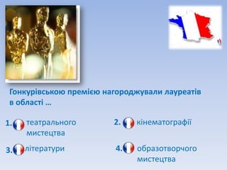 Гонкурівською премією нагороджували лауреатів
 в області …

1.   театрального        2.   кінематографії
     мистецтва
3.   літератури          4.   образотворчого
                              мистецтва
 