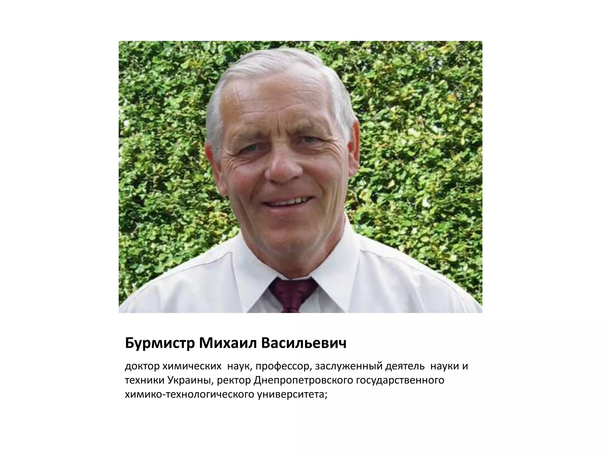 Бурмистр Михаил Васильевич
доктор химических наук, профессор, заслуженный деятель науки и
техники Украины, ректор Днепропетровского государственного
химико-технологического университета;
 