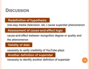 DISCUSSION

     Redefinition of hypothesis
    one-way media (television, etc.) cause superstar phenomenon
    Assessment of cause-and-effect logic
    cause-and-effect between recognition degree or quality and
    the phenomenon
     Validity of data
    necessity to verify credibility of YouTube plays
     Another definition of superstar
    necessity to identify another definition of superstar        19
1
9
 
