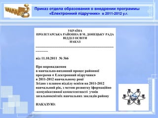 Приказ отдела образования о внедрении программы
       «Електронний підручник» в 2011-2012 у.г.



                УКРАЇНА
ПРОЛЕТАРСЬКА РАЙОННА В М. ДОНЕЦЬКУ РАДА
             ВІДДІЛ ОСВІТИ
                 НАКАЗ
______________________________________
______

від 11.10.2011 № 366

Про впровадження
в навчально-виховний процес районної
програми « Електронний підручник»
в 2011-2012 навчальному році
Згідно з планом відділу освіти на 2011-2012
навчальний рік, з метою розвитку іформаційно
-комунікативної компетентності учнів
загальноосвітніх навчальних закладів району

НАКАЗУЮ:
 