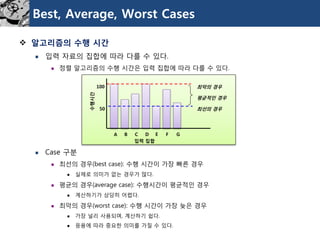 Best, Average, Worst Cases 
알고리즘의수행시간 
입력자료의집합에따라다를수있다. 
정렬알고리즘의수행시간은입력집합에따라다를수있다. 
Case 구분 
최선의경우(best case): 수행시간이가장빠른경우 
실제로의미가없는경우가많다. 
평균의경우(average case): 수행시간이평균적인경우 
계산하기가상당히어렵다. 
최악의경우(worst case): 수행시간이가장늦은경우 
가장널리사용되며, 계산하기쉽다. 
응용에따라중요한의미를가질수있다. 
최악의경우 
최선의경우 
평균적인경우 
A 
B 
C 
D 
E 
F 
G 
입력집합 
수행시간 
100 
50  