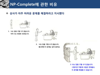 NP-Complete에관한비유 
상사가아주어려운문제를해결하라고지시했다 
1.나는답을구할수가없습니다. 
아마나는멍청한모양입니다. 
2. 나는답을구할수가없습니다. 
왜냐하면이문제는답이없어요. 
3. 나는답을구할수가없습니다. 
그렇지만저렇게수많은천재들도 
이문제를해결할수없습니다.  