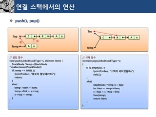 연결스택에서의연산 
push(), pop() 
// 삽입함수 
void push(LinkedStackType*s, element item) { 
StackNode*temp=(StackNode*)malloc(sizeof(StackNode)); 
if( temp == NULL ){ 
fprintf(stderr, "메모리할당에러n"); 
return; 
} 
else{ 
temp->item = item; 
temp->link = s->top; 
s->top = temp; 
} 
} 
// 삭제함수 
element pop(LinkedStackType*s) 
{ 
if( is_empty(s) ) { 
fprintf(stderr, "스택이비어있음n"); 
exit(1); 
} 
else{ 
StackNode*temp=s->top; 
int item = temp->item; 
s->top = s->top->link; 
free(temp); 
return item; 
} 
} 
A 
C 
B 
A 
n 
Top 
Temp 
② 
① 
C 
B 
A 
n 
Top 
Temp  
