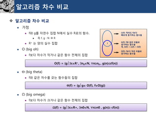 알고리즘차수비교 
알고리즘차수비교 
가정 
f와g를자연수집합N에서실수R로의함수, 
즉f, g : N R 
R+는양의실수집합 
O (big oh) 
f보다차수가작거나같은함수전체의집합 
(big theta) 
f와같은차수를갖는함수들의집합 
Ω (big omega) 
f보다차수가크거나같은함수전체의집합 
O(f) = {gcR+, n0N, nn0 , g(n)cf(n)} 
(f) = {ggO(f), fO(g)} 
(f) = {gcR+, n0N, nn0 , g(n)cf(n)} 
f 
(f): 적어도f보다 
빠르게증가하는함수들 
(f): f와같은비율로 
증가하는함수들 
즉, (f) = (f) O(f) 
O(f): f보다작은비율로 
증가하는함수들  