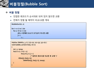 버블정렬(Bubble Sort) 
버블정렬 
인접한레코드가순서대로되어있지않으면교환 
전체가정렬될때까지비교/교환계속 
BubbleSort(A, n) 
for i←n-1 to 1 do 
for j←0 to i-1 do 
j와j+1번째의요소가크기순이아니면교환 
j++; 
i--; 
#define SWAP(x, y, t) ( (t)=(x), (x)=(y), (y)=(t) ) 
void bubble_sort(int list[], int n) 
{ 
int i, j, temp; 
for(i=n-1; i>0; i--){ 
for(j=0; j<i; j++) 
/* 앞뒤의레코드를비교한후교체*/ 
if(list[j]>list[j+1]) 
SWAP(list[j], list[j+1], temp); 
} 
}  