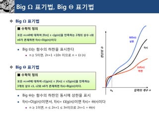 Big 표기법, Big 표기법 
Big 표기법 
Big 는함수의하한을표시한다 
n≥5이면, 2n+1 <10n 이므로n = (n) 
Big 표기법 
Big 는함수의하한인동시에상한을표시 
f(n)=O(g(n))이면서, f(n)=(g(n))이면f(n)= (n)이다 
n≥1이면, n ≤2n+1 ≤3n이므로2n+1 = (n) 
■수학적정의 
모든n≥n0에대하여c1|g(n)| ≤ |f(n)| ≤ c2|g(n)|을만족하는3개의상수c1, c2와n0가존재하면f(n)=θ(g(n))이다. 
■수학적정의 
모든n≥n0에대하여|f(n)| ≥ c|g(n)|을만족하는2개의상수c와n0가존재하면f(n)=Ω(g(n))이다 
입력의개수n 
연산의수 
상한 
하한 
n0 
f(n) 
0(f(n)) 
(f(n))  