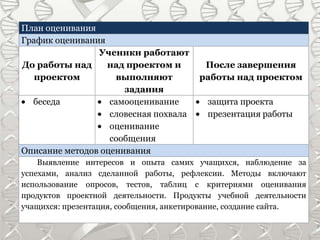 План оценивания
График оценивания
                Ученики работают
До работы над     над проектом и         После завершения
   проектом         выполняют           работы над проектом
                      задания
  беседа           самооценивание        защита проекта
                   словесная похвала     презентация работы
                   оценивание
                   сообщения
Описание методов оценивания
    Выявление интересов и опыта самих учащихся, наблюдение за
успехами, анализ сделанной работы, рефлексии. Методы включают
использование опросов, тестов, таблиц с критериями оценивания
продуктов проектной деятельности. Продукты учебной деятельности
учащихся: презентация, сообщения, анкетирование, создание сайта.
 
