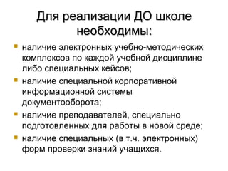Для реализации ДО школе
             необходимы:
   наличие электронных учебно-методических
    комплексов по каждой учебной дисциплине
    либо специальных кейсов;
   наличие специальной корпоративной
    информационной системы
    документооборота;
   наличие преподавателей, специально
    подготовленных для работы в новой среде;
   наличие специальных (в т.ч. электронных)
    форм проверки знаний учащихся.
 