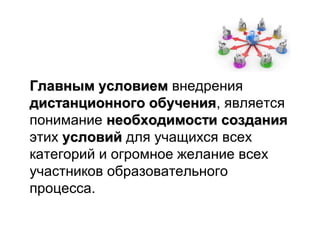 Главным условием внедрения
дистанционного обучения, является
                 обучения
понимание необходимости создания
этих условий для учащихся всех
категорий и огромное желание всех
участников образовательного
процесса.
 