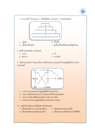 6

   7. ตามภาพนี้ ถาหมายเลข 1 เปนพืชสีเขียว หมายเลข 3 ควรจะเปนอะไร




   ก. ผูผลิต                                   ข. ที่กินพืช
   ค. ผูบริโภคที่กินสัตว                      ง. ผูบริโภคที่กินทั้งสัตวและพืชผูบริโภค

8. สิ่งที่ถายทอดในโซอาหารคืออะไร
   ก. อาหาร                                     ข. น้ํา
   ค. พลังงาน                                   ง. ความรอน

9. ขอใดกลาวถูกตอง ถาแมลงเปนอาหารที่นกชอบมากและถูกจับกินจนสูญพันธุไปจากระบบ
นิเวศแหงนี้




   ก.   ประชากรกบลดลงจนอาจสูญพันธุไดเพราะขาดอาหาร
   ข.   ประชากรพืชลดลงตามประชากรของแมลงเพื่อรักษาสมดุลนิเวศ
   ค.   ประชากรเหยี่ยวเพิ่มขึ้นเพราะมีอาหารปริมาณมากขึ้น
   ง.   ประชากรหนอนอาจสูญพันธุไดเพราะปริมาณอาหารลดลง

10. เหตุใดในหวงโซอาหารจึงตองมีการโยงดวยลูกศร
   ก. เพื่อแสดงทิศทางการถายทอดพลังงาน         ข. เพื่อแสดงตําแหนงของเหยื่อ
   ค. เพื่อแสดงลักษณะของผูลาและเหยื่อ        ง. เพื่อแสดงความสัมพันธระหวางสิ่งมีชีวิต
 