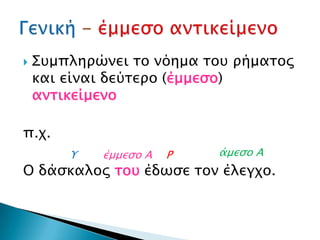    ΢υμπληρώνει το νόημα του ρήματος
    και είναι δεύτερο (έμμεσο)
    αντικείμενο

π.χ.
        Τ   έμμεσο Α   Ρ   άμεσο Α
Ο δάσκαλος του έδωσε τον έλεγχο.
 