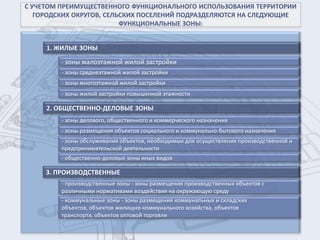 С УЧЕТОМ ПРЕИМУЩЕСТВЕННОГО ФУНКЦИОНАЛЬНОГО ИСПОЛЬЗОВАНИЯ ТЕРРИТОРИИ
   ГОРОДСКИХ ОКРУГОВ, СЕЛЬСКИХ ПОСЕЛЕНИЙ ПОДРАЗДЕЛЯЮТСЯ НА СЛЕДУЮЩИЕ
                          ФУНКЦИОНАЛЬНЫЕ ЗОНЫ:


     1. ЖИЛЫЕ ЗОНЫ
         - зоны малоэтажной жилой застройки
         - зоны среднеэтажной жилой застройки
         - зоны многоэтажной жилой застройки
         - зоны жилой застройки повышенной этажности

     2. ОБЩЕСТВЕННО-ДЕЛОВЫЕ ЗОНЫ
         - зоны делового, общественного и коммерческого назначения
         - зоны размещения объектов социального и коммунально-бытового назначения
         - зоны обслуживания объектов, необходимых для осуществления производственной и
         предпринимательской деятельности
         - общественно-деловые зоны иных видов

     3. ПРОИЗВОДСТВЕННЫЕ
         - производственные зоны - зоны размещения производственных объектов с
         различными нормативами воздействия на окружающую среду
         - коммунальные зоны - зоны размещения коммунальных и складских
         объектов, объектов жилищно-коммунального хозяйства, объектов
         транспорта, объектов оптовой торговли
 