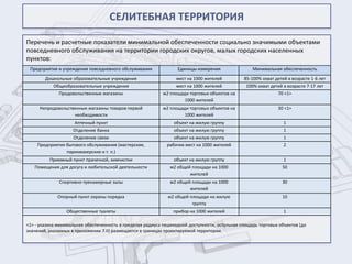 СЕЛИТЕБНАЯ ТЕРРИТОРИЯ

Перечень и расчетные показатели минимальной обеспеченности социально значимыми объектами
повседневного обслуживания на территории городских округов, малых городских населенных
пунктов:
 Предприятия и учреждения повседневного обслуживания              Единицы измерения                Минимальная обеспеченность
        Дошкольные образовательные учреждения                    мест на 1000 жителей          85-100% охват детей в возрасте 1-6 лет
           Общеобразовательные учреждения                        мест на 1000 жителей           100% охват детей в возрасте 7-17 лет
              Продовольственные магазины                    м2 площади торговых объектов на                   70 <1>
                                                                     1000 жителей
     Непродовольственные магазины товаров первой            м2 площади торговых объектов на                   30 <1>
                   необходимости                                     1000 жителей
                     Аптечный пункт                             объект на жилую группу                           1
                    Отделение банка                             объект на жилую группу                           1
                    Отделение связи                             объект на жилую группу                           1
    Предприятия бытового обслуживания (мастерские,           рабочих мест на 1000 жителей                        2
                парикмахерские и т. п.)
          Приемный пункт прачечной, химчистки                   объект на жилую группу                           1
   Помещения для досуга и любительской деятельности            м2 общей площади на 1000                         50
                                                                       жителей
              Спортивно-тренажерные залы                       м2 общей площади на 1000                         30
                                                                       жителей
             Опорный пункт охраны порядка                     м2 общей площади на жилую                         10
                                                                        группу
                 Общественные туалеты                           прибор на 1000 жителей                           1

<1> - указана минимальная обеспеченность в пределах радиуса пешеходной доступности, остальная площадь торговых объектов (до
значений, указанных в приложении 7.II) размещается в границах проектируемой территории.
 