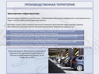 ПРОИЗВОДСТВЕННАЯ ТЕРРИТОРИЯ

Транспортная инфраструктура

Данный раздел разработан в соответствии с требованиями действующего федерального законодательства, а
также с учетом особенностей территории региона.

Для более точного учета основного расчетного показателя транспортной инфраструктуры (уровень
обеспеченности населения личным автотранспортом) было предложено разделить его:

•     для городских округов на первую очередь не менее 325 автомобилей на 1000
      жителей, на расчётный срок - не менее 440 автомобилей;
•     для городских поселений на первую очередь не менее 230 автомобилей на 1000
      жителей, на расчётный срок - не менее 280 автомобилей;
•     для сельских поселений на первую очередь не менее 210 автомобилей на 1000
      жителей, на расчётный срок - не менее 240 автомобилей.


    Указанный уровень обеспеченности допускается
     уменьшать или увеличивать в зависимости от
      местных условий населенного пункта, но не
                 более чем на 20%.
 