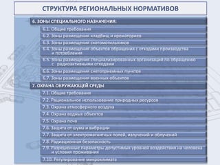 СТРУКТУРА РЕГИОНАЛЬНЫХ НОРМАТИВОВ
6. ЗОНЫ СПЕЦИАЛЬНОГО НАЗНАЧЕНИЯ:
    6.1. Общие требования
    6.2. Зоны размещения кладбищ и крематориев
    6.3. Зоны размещения скотомогильников
    6.4. Зоны размещения объектов обращения с отходами производства
         и потребления
    6.5. Зоны размещения специализированных организаций по обращению
         с радиоактивными отходами
    6.6. Зоны размещения снегоприемных пунктов
    6.7. Зоны размещения военных объектов
7. ОХРАНА ОКРУЖАЮЩЕЙ СРЕДЫ
     7.1. Общие требования
     7.2. Рациональное использование природных ресурсов
     7.3. Охрана атмосферного воздуха
     7.4. Охрана водных объектов
     7.5. Охрана почв
     7.6. Защита от шума и вибрации
     7.7. Защита от электромагнитных полей, излучений и облучений
     7.8. Радиационная безопасность
     7.9. Разрешенные параметры допустимых уровней воздействия на человека
          и условия проживания
    7.10. Регулирование микроклимата
 