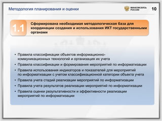 МИНКОМСВЯЗЬ
Методология планирования и оценки                                РОССИИ        10


          Сформирована необходимая методологическая база для
 1.1      координации создания и использования ИКТ государственными
          органами




  • Правила классификации объектов информационно-
    коммуникационных технологий и организация их учета
  • Правила классификации и формирования мероприятий по информатизации
  • Правила использования индикаторов и показателей для мероприятий
    по информатизации с учетом классификационной категории объекта учета
  • Правила учета стадий реализации мероприятий по информатизации
  • Правила учета результатов реализации мероприятий по информатизации
  • Правила оценки результативности и эффективности реализации
    мероприятий по информатизации
 