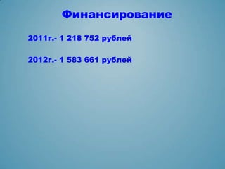 Финансирование

2011г.- 1 218 752 рублей

2012г.- 1 583 661 рублей
 