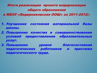 Итоги реализации проекта модернизации
             общего образования
 в МБОУ «Ведерниковская ООШ» за 2011-2012г.

1. Улучшение состояния материальной базы
   школы.
2. Повышение качества и совершенствование
   условий предоставления образовательных
   услуг.
3. Повышение        уровня      благосостояния
   педагогических    работников   и   престижа
   педагогического труда.
 