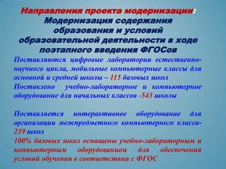 Направления проекта модернизации:
      Модернизация содержания
        образования и условий
 образовательной деятельности в ходе
     поэтапного введения ФГОСов
Поставляются цифровые лаборатории естественно-
научного цикла, мобильные компьютерные классы для
основной и средней школы – 115 базовых школ
Поставлено учебно-лабораторное и компьютерное
оборудование для начальных классов -543 школы

Поставляется интерактивное оборудование для
организации межпредметного компьютерного класса-
239 школ
100% базовых школ оснащены учебно-лабораторным и
компьютерным оборудованием для обеспечения
условий обучения в соответствии с ФГОС
 