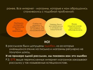 ранее, Все интернет - магазины, которые к нам обращались
            сталкивались с подобной проблемой:




                          НО!
В рассылках были допущены ошибки, из-за которых
   уменьшался отклик на письма и магазины регулярно не
   получали доход.
И на примере одной рассылки, мы покажем вам эти ошибки
P.S: 87% выше перечисленных интернет-магазинов заказывают
   рассылку у так называемых «специалистов».
 