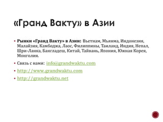  Рынки «Гранд Вакту» в Азии: Вьетнам, Мьянма, Индонезия,
 Малайзия, Камбоджа, Лаос, Филиппины, Таиланд, Индия, Непал,
 Шри-Ланка, Бангладеш, Китай, Тайвань, Япония, Южная Корея,
 Монголия.
 Связь с нами: info@grandwaktu.com
 http://www.grandwaktu.com
 http://grandwaktu.net
 
