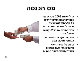 ‫מס הכנסה‬
         ‫החל משנת 3002 שכירים או‬       ‫•‬
          ‫עצמאים שהם הורים לילדים‬
              ‫עם הפרעות קשב וריכוז‬
         ‫זכאים להחזרים ממס הכנסה‬
         ‫אחד ההורים מקבל 2 נקודות‬      ‫•‬
                          ‫זיכוי לשנה‬
          ‫משמעות נקודות הזיכוי היא‬     ‫•‬
                 ‫הפחתה מסכום המס‬
                ‫ערכה של נקודת זיכוי‬    ‫•‬
            ‫מתעדכן מדי פעם בהתאם‬
         ‫לעליית המדד וליוקר המחייה‬

‫52‬
 