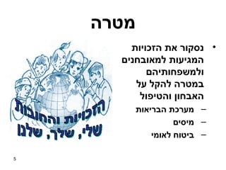 ‫מטרה‬
        ‫• נסקור את הזכויות‬
      ‫המגיעות למאובחנים‬
            ‫ולמשפחותיהם‬
         ‫במטרה להקל על‬
          ‫האבחון והטיפול‬
           ‫– מערכת הבריאות‬
                     ‫– מיסים‬
               ‫– ביטוח לאומי‬

‫5‬
 