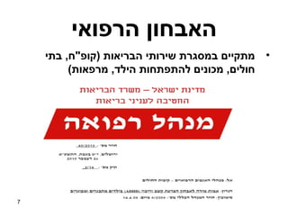 ‫האבחון הרפואי‬
    ‫• מתקיים במסגרת שירותי הבריאות )קופ"ח, בתי‬
         ‫חולים, מכונים להתפתחות הילד, מרפאות(‬




‫7‬
 