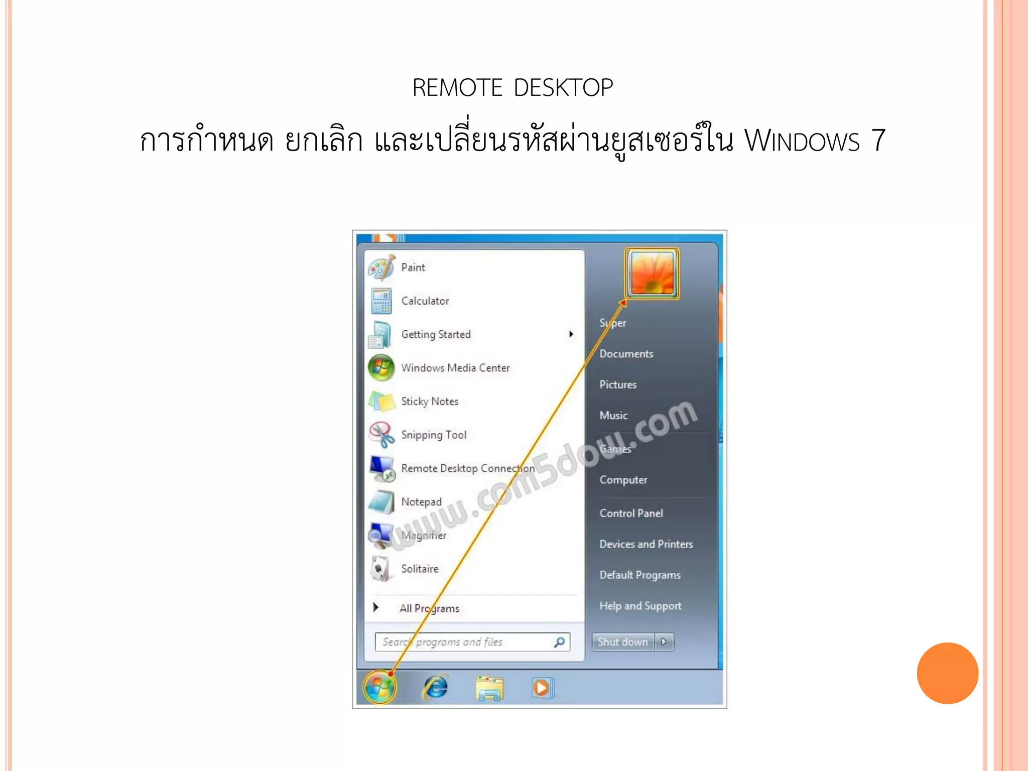 REMOTE DESKTOP
การกาหนด ยกเลิก และเปลี่ยนรหัสผ่านยูสเซอร์ใน WINDOWS 7




                                                   105
 