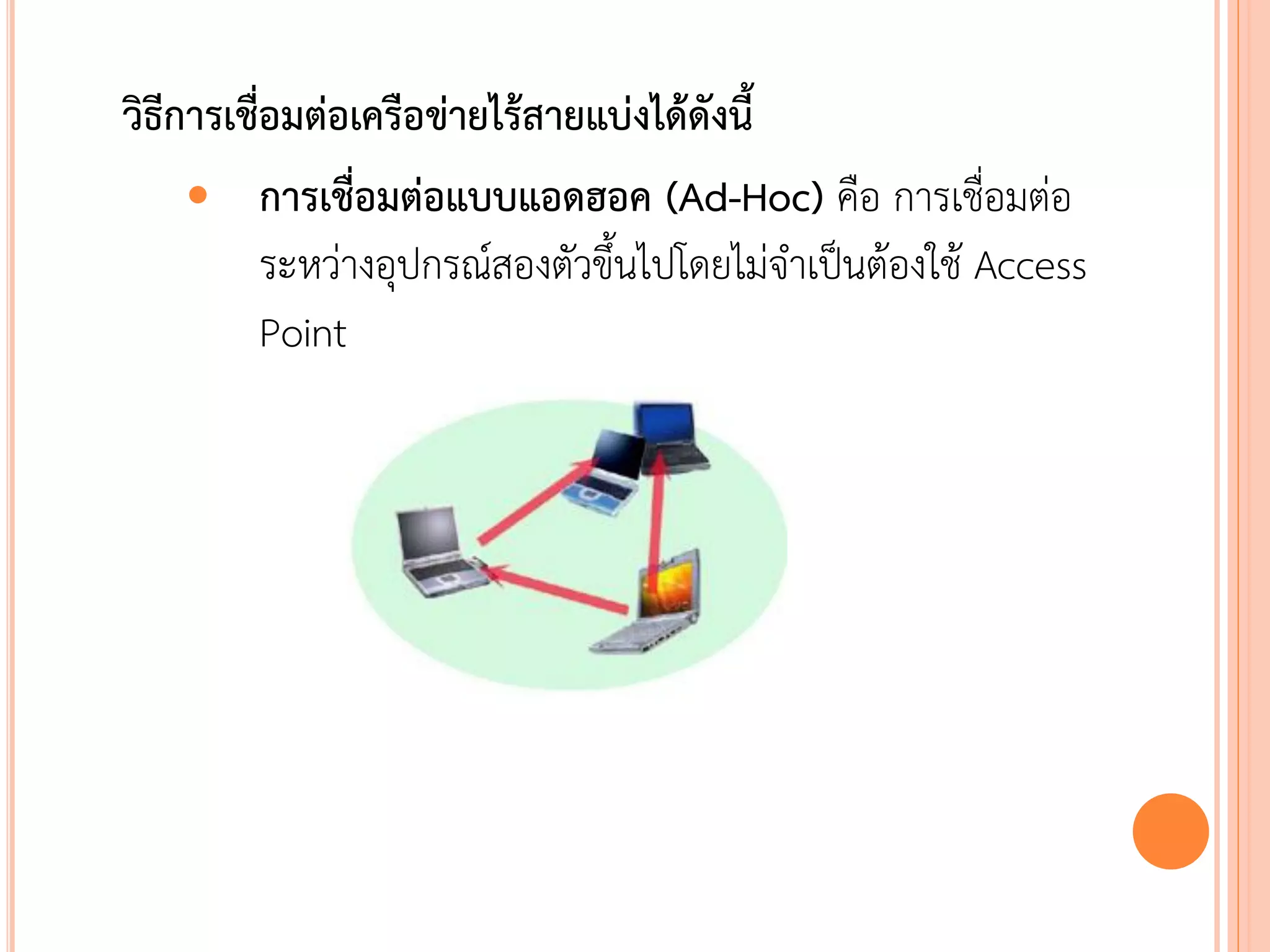 วิธีการเชื่อมต่อเครือข่ายไร้สายแบ่งได้ดังนี้
      การเชื่อมต่อแบบแอดฮอค (Ad-Hoc) คือ การเชื่อมต่อ
           ระหว่างอุปกรณ์สองตัวขึ้นไปโดยไม่จาเป็นต้องใช้ Access
           Point




                                                             15
 