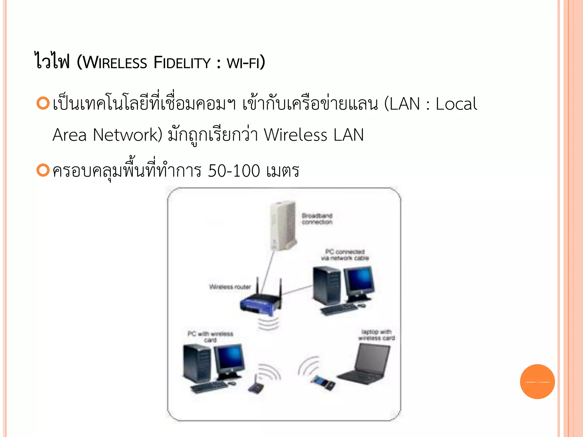 ไวไฟ (WIRELESS FIDELITY : WI-FI)
 เป็นเทคโนโลยีที่เชื่อมคอมฯ
                           เข้ากับเครือข่ายแลน (LAN : Local
  Area Network) มักถูกเรียกว่า Wireless LAN
 ครอบคลุมพื้นที่ทาการ 50-100 เมตร




                                                              65
 
