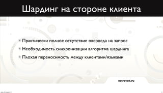 Шардинг на стороне клиента


                          Практически полное отсутствие оверхеда на запрос
                          Необходимость синхронизации алгоритма шардинга
                          Плохая переносимость между клиентами/языками



                                                                     ostrovok.ru



среда, 20 февраля 13 г.                                                            12
 