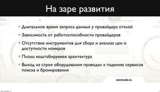 На заре развития
                          Длительное время запроса данных у провайдера отелей
                          Зависимость от работоспособности провайдеров
                          Отсутствие инструментов для сбора и анализа цен о
                          доступности номеров
                          Плохо маштабируемая архитектура
                          Выход из строя оборудования приводил к падению сервисов
                          поиска и бронирования
                                                                      ostrovok.ru



среда, 20 февраля 13 г.                                                             2
 