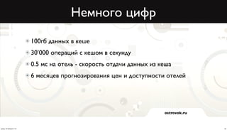 Немного цифр
                          100гб данных в кеше
                          30’000 операций с кешом в секунду
                          0.5 мс на отель - скорость отдачи данных из кеша
                          6 месяцев прогнозирования цен и доступности отелей




                                                                       ostrovok.ru



среда, 20 февраля 13 г.                                                              23
 