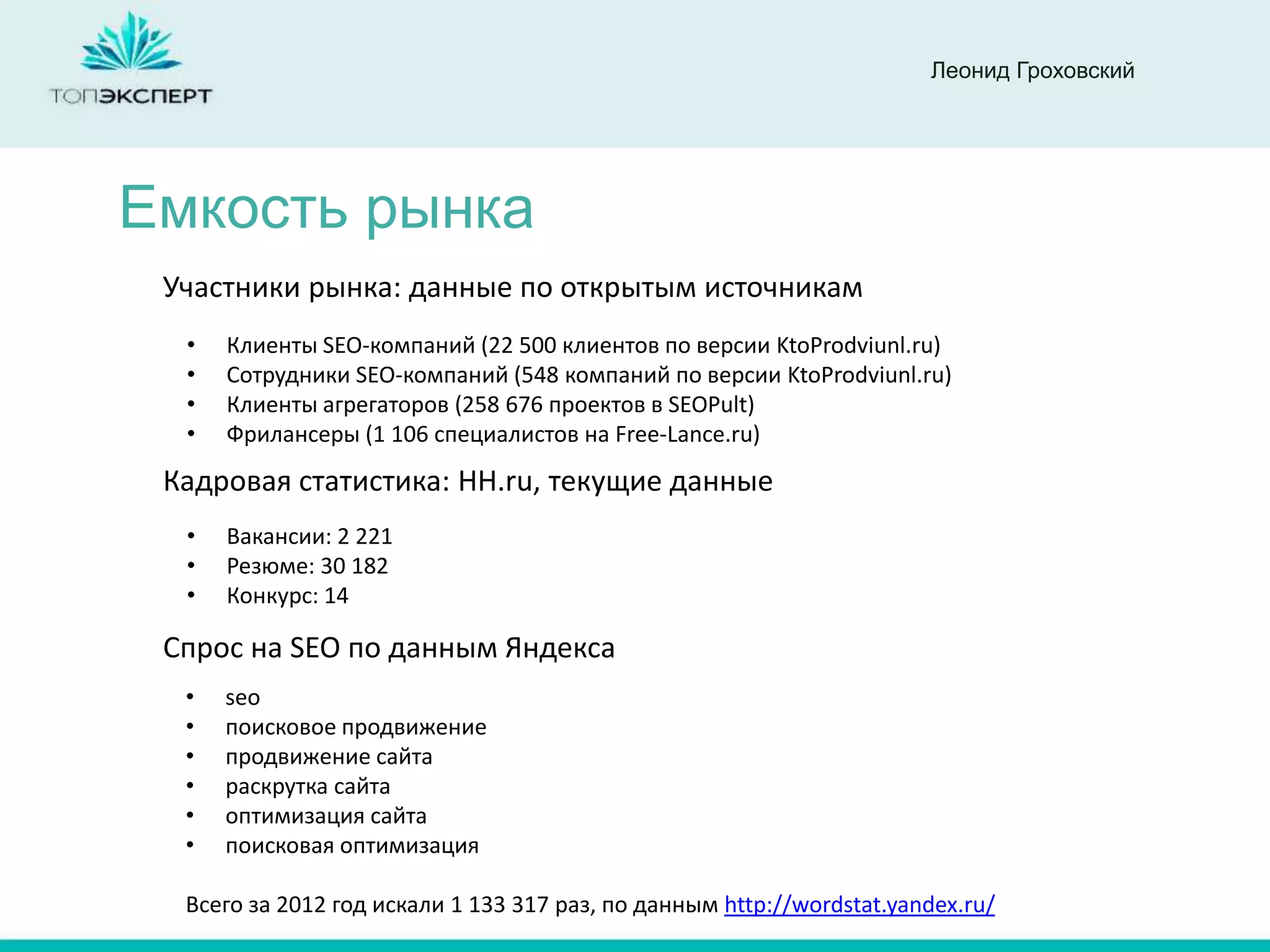 Леонид Гроховский




Емкость рынка
 Участники рынка: данные по открытым источникам
  •   Клиенты SEO-компаний (22 500 клиентов по версии KtoProdviunl.ru)
  •   Сотрудники SEO-компаний (548 компаний по версии KtoProdviunl.ru)
  •   Клиенты агрегаторов (258 676 проектов в SEOPult)
  •   Фрилансеры (1 106 специалистов на Free-Lance.ru)
 Кадровая статистика: HH.ru, текущие данные
  •   Вакансии: 2 221
  •   Резюме: 30 182
  •   Конкурс: 14

 Спрос на SEO по данным Яндекса
  •   seo
  •   поисковое продвижение
  •   продвижение сайта
  •   раскрутка сайта
  •   оптимизация сайта
  •   поисковая оптимизация

  Всего за 2012 год искали 1 133 317 раз, по данным http://wordstat.yandex.ru/
 