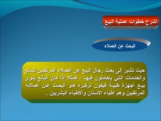 ‫اشرحم خطواتم عمليةم البيع‬


                                                    ‫البحثم عنم العمل ء‬



‫حيثم تشيرم إلىم بحثم رجا لم البيعم عنم العمل ءم المرتقبينم للسلعم ‬
 ‫والخدماتم  التييم  يتعاملو نم  فيهيام ،م  فمثلم  إاذام  كا نم  البائعم ينويم ‬
  ‫بييعم  أجهزةم  طبييةم  فيكو نم  تركيزهم  هيوم  البحيثم  عينم  عملئهم ‬
              ‫المرتقبينم وهمم أطبا ءم السنا نم والطبا ءم البشريينم .‬
 