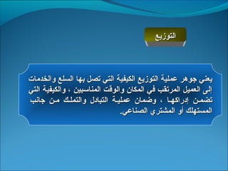 ‫التوزيع‬



‫يعني جوهر عملية التوزيع الكيفية التي تصل بها السلع والخدمات‬
‫إلى العميل المرتقب في المكان والوقت المناسبين ، والكيفية التي‬
‫تضمسن إدراثكهسا ، وضمان عمليسة التباد ل والتملسك مسن جانب‬
                               ‫المستهلك أو المشتري الصناعي.‬
 