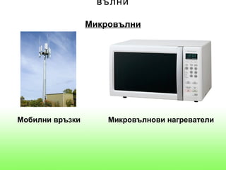 вълни

                 Микровълни




Мобилни връзки       Микровълнови нагреватели
 