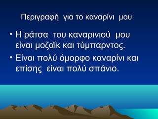 Περιγραφή για το καναρίνι μου

• Η ράτσα του καναρινιού μου
  είναι μοζαΐκ και τύμπαρντος.
• Είναι πολύ όμορφο καναρίνι και
  επίσης είναι πολύ σπάνιο.
 