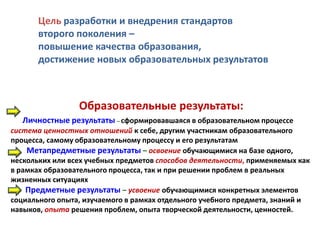 Цель разработки и внедрения стандартов
       второго поколения –
       повышение качества образования,
       достижение новых образовательных результатов



                 Образовательные результаты:
   Личностные результаты – сформировавшаяся в образовательном процессе
система ценностных отношений к себе, другим участникам образовательного
процесса, самому образовательному процессу и его результатам
    Метапредметные результаты – освоение обучающимися на базе одного,
нескольких или всех учебных предметов способов деятельности, применяемых как
в рамках образовательного процесса, так и при решении проблем в реальных
жизненных ситуациях
    Предметные результаты – усвоение обучающимися конкретных элементов
социального опыта, изучаемого в рамках отдельного учебного предмета, знаний и
навыков, опыта решения проблем, опыта творческой деятельности, ценностей.
 
