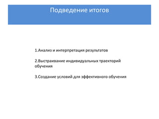 Подведение итогов




1.Анализ и интерпретация результатов

2.Выстраивание индивидуальных траекторий
обучения

3.Создание условий для эффективного обучения
 